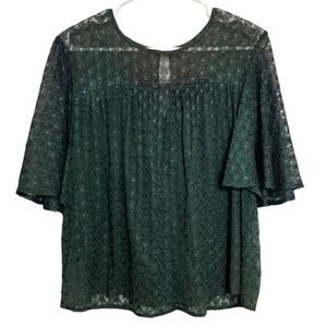 Anthropologie Ranna Gil Short Sleeve Peplum Blouse Forest Green Medium